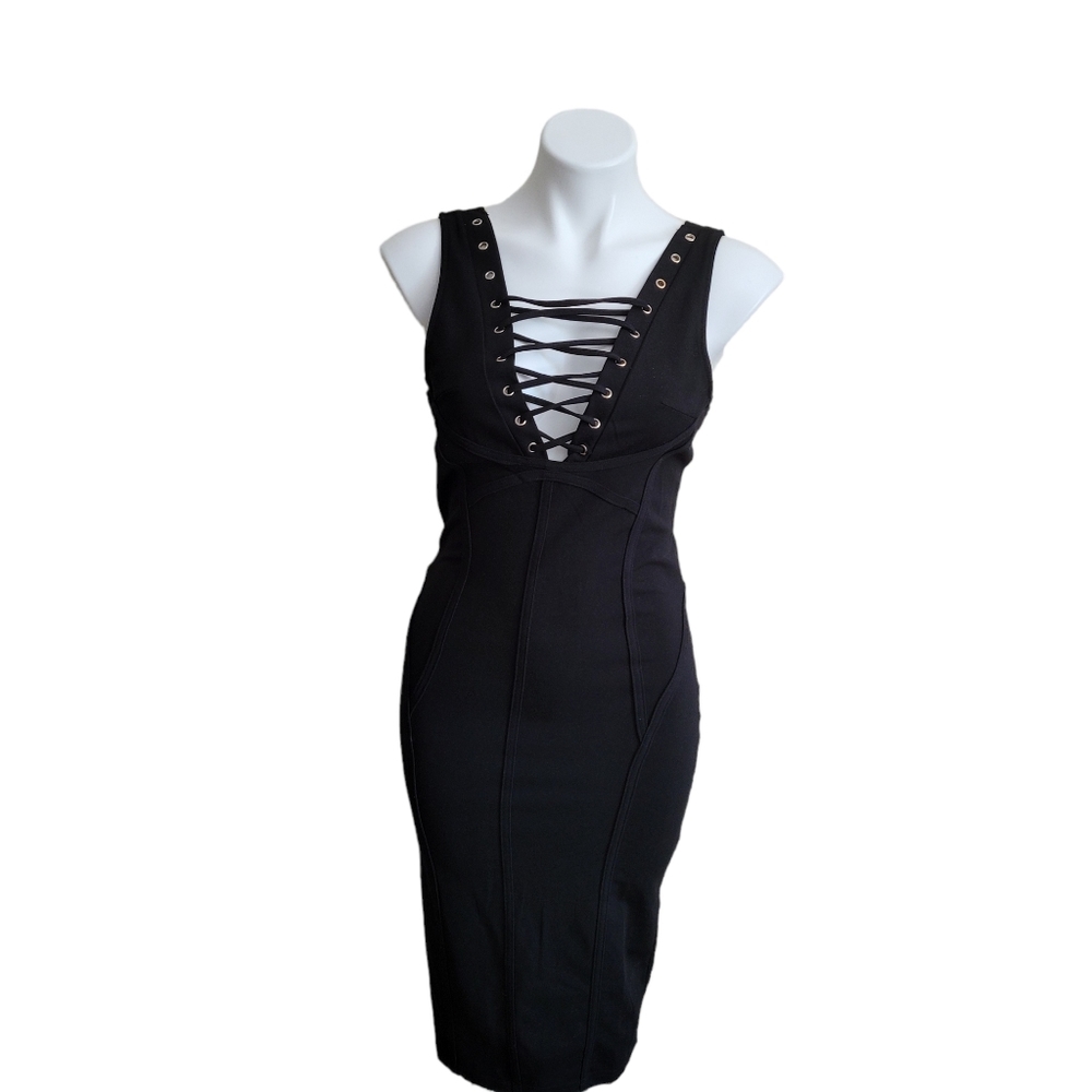 Fashion Nova Spitfire Black Dress Sleeveless  M Lace Up Front Mid Back Zip NWT